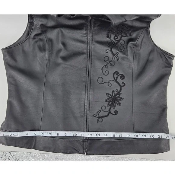 Coldwater Creek Black Leather Floral Embroidered Vest Women's XL Moto Boho - Picture 5 of 7